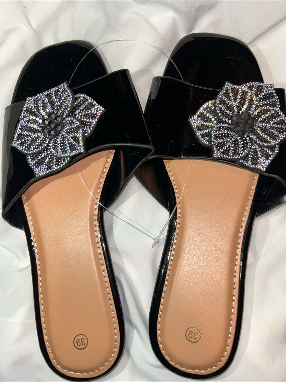 Black Embellished Slide Mules with Crystal Flower